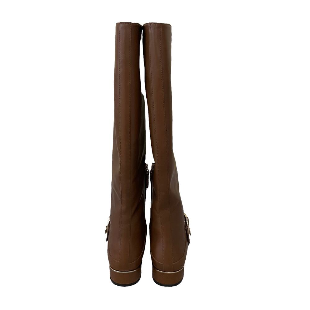 Tory Burch Sofia Tall Riding Boots Leather Logo Festive Brown Size 7 - Picture 8 of 12